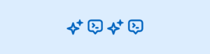 Ícones de inteligência artificial representados por balões de conversa com setas e estrelas, em azul, sobre fundo azul-claro.
