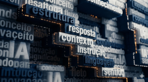 Close-up de uma superfície arquitetônica onde blocos de texto em diferentes tamanhos e opacidades se organizam como tijolos, formando uma estrutura tridimensional. As palavras estão em português: "estrutura", "resposta", "contexto", "instrução", "linguagem", "sentido" aparecem em relevo.